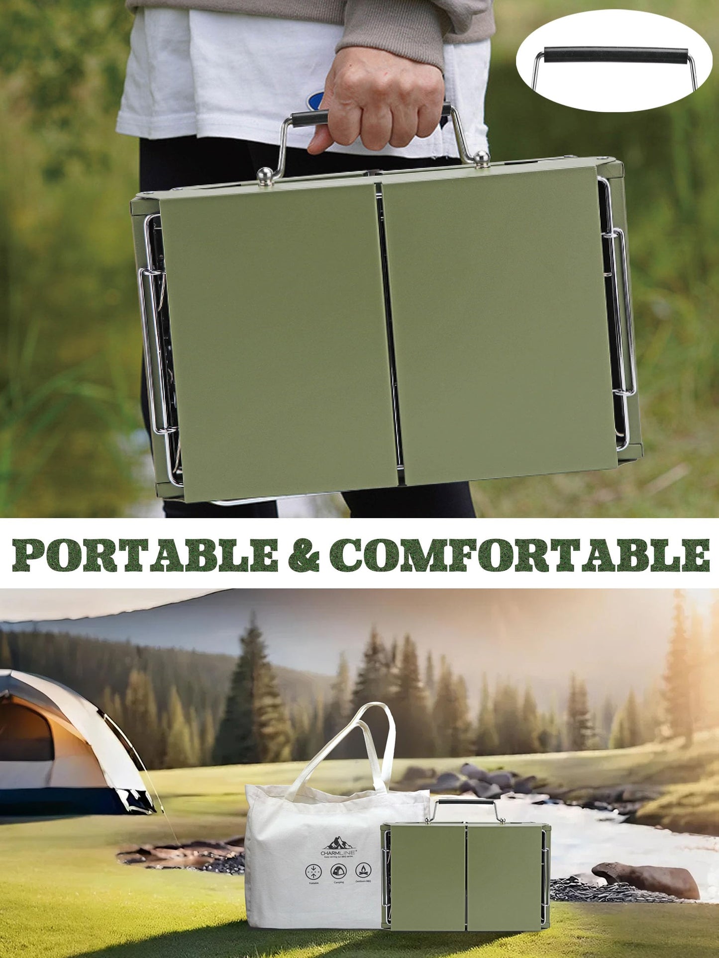 Charmline 14 x 9 inches Small Portable Charcoal BBQ Grill, Foldable Compact Camping Barbecue for