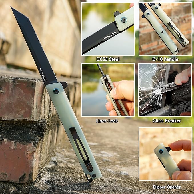 Flipper Pocket Folding Knife,DC53 Steel Blade and G10 Handle. With pocket clip and glass breaker,men's pocket knife hiking trip EDC tool Knife (Natural G10 Handle)