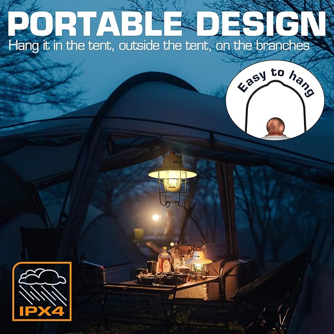 EverBrite LED Camping Lantern Pack of 2, USB C Rechargeable Lantern with 3 Light Modes, Vintage Outdoor Lanterns with Power Bank Function for Power Outages, Hurricane, Emergency, Fishing