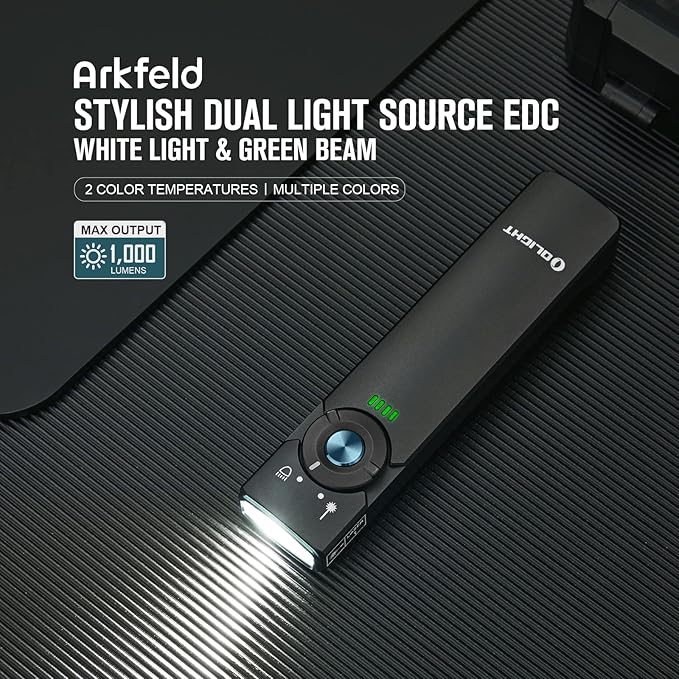 OLIGHT Arkfeld EDC Flat Flashlight, 1000 Lumens White LED Light with Green Beam Combo, Power by Rechargeable Built-in Battery for Outdoors, Emergency, Work (Black NW)