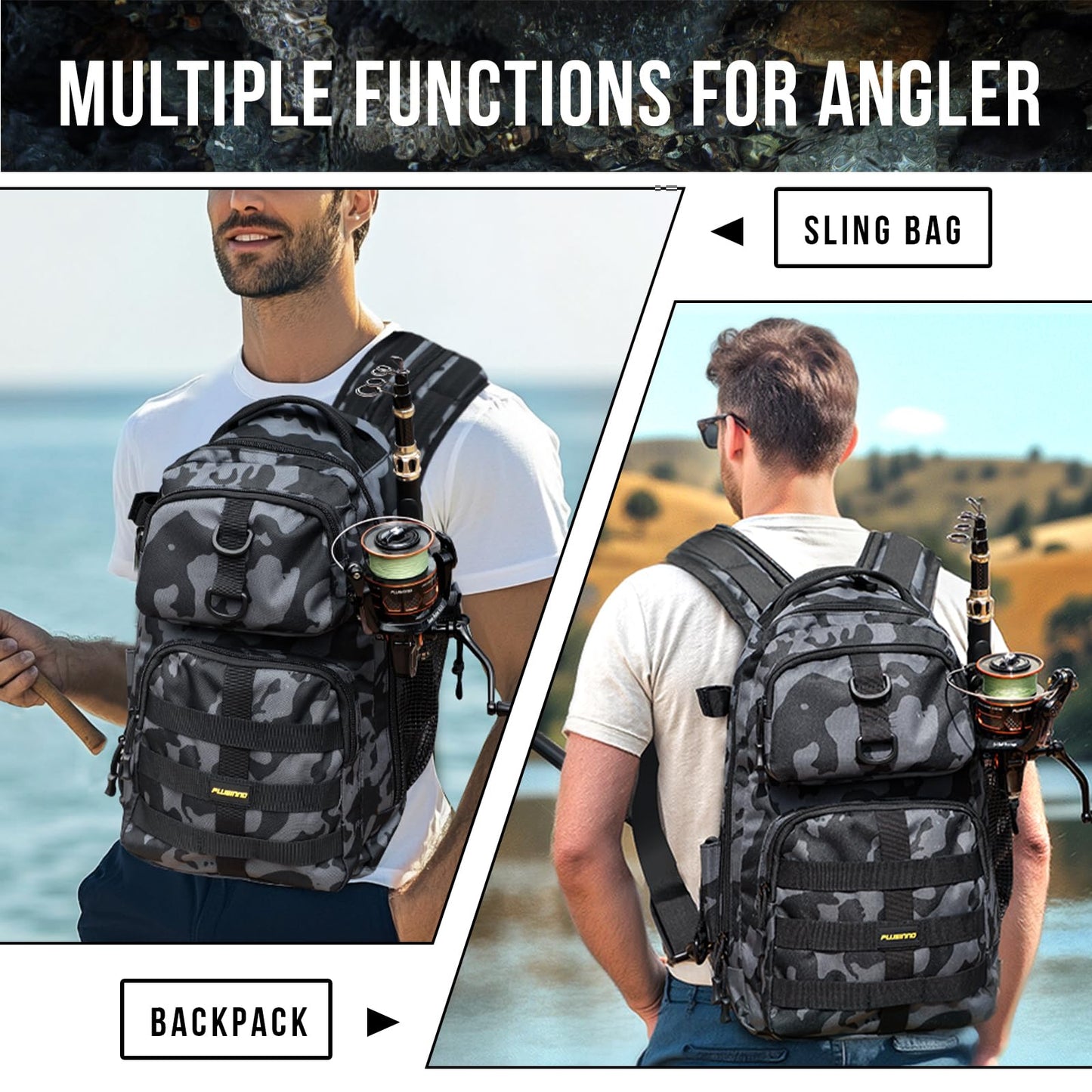 PLUSINNO Fishing Backpack with Tackle Boxes, Waterproof Fishing Sling Tackle Bag For Fishing Gear