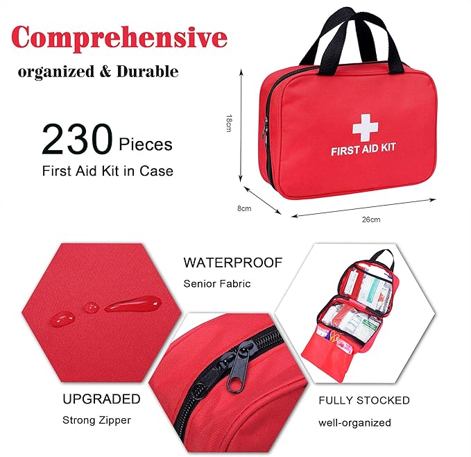 First Aid Kit - 230 Piece - for Car, Home, Travel, Camping, Office or Sports | Red Bag/Reflective Cross, Fully Stocked with Essential Supplies for Emergency and Survival