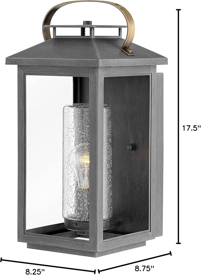 Hinkley Atwater Single Light Medium Wall Mount Outdoor Lantern - Composite Material, Clear Seedy Glass, Anti-Fading - Ash Bronze Finish with Brass Accents