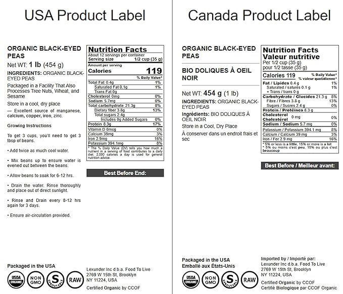 Food to Live Organic Black-Eyed Peas, 1 Pound ??Raw Dried Cow Peas, Non-GMO, Bulk Beans, Product of the USA