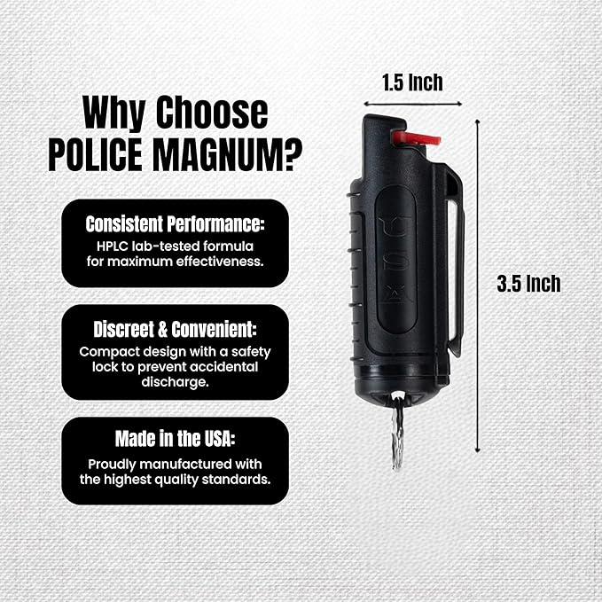 Police Magnum Keychain Pepper Spray Self Defense Belt Clip Holder - 1 Pack Tactical Maximum Strength OC with Dye - Small Case Safety Key Chain for Women & Men - Made in The USA