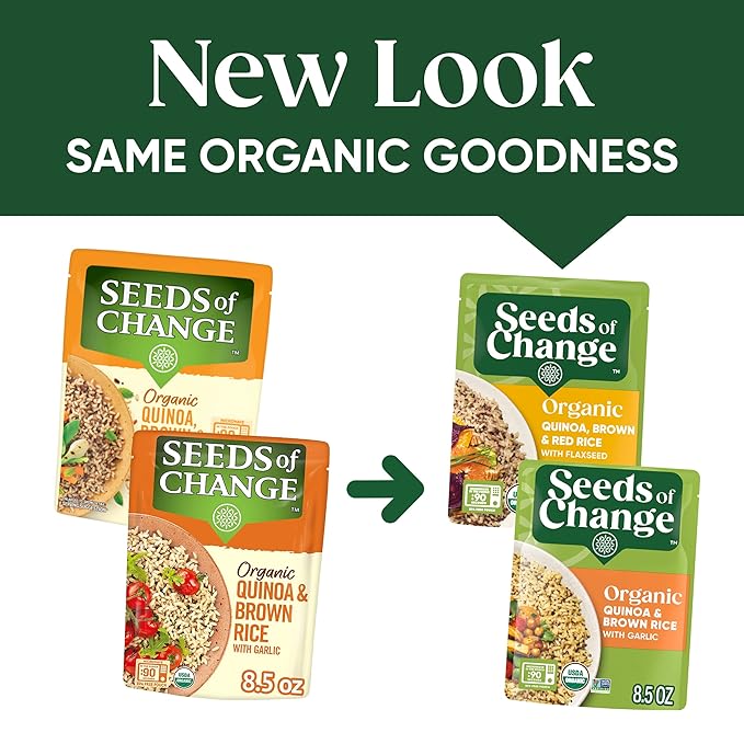 SEEDS OF CHANGE Organic Rice Variety Pack Quinoa and Brown Rice with Garlic & Quinoa Brown & Red Rice with Flaxseed, Microwaveable Ready to Heat, 8.5 Ounces (Pack of 6)