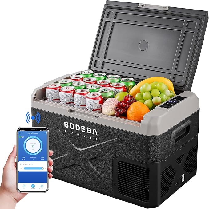 BODEGACOOLER 12 Volt Car Refrigerator, Electric Cooler Portable Freezer APP Control, 32Quart(30L) RV Car Fridge-4℉-68℉, 12/24V DC100-240 Volt AC for Outdoor Camping Travel Vehicles Home Use, Black