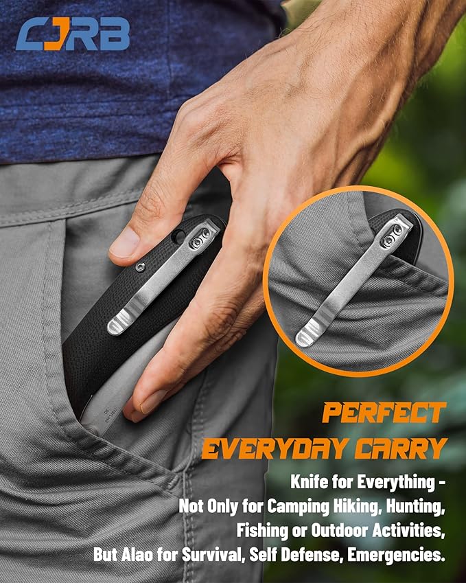 CJRB Feldspar Folding Knife - Stonewash D2 Steel Blade, G10 Tactical Handle, EDC Pocket Knife, Black Handle (J1912)