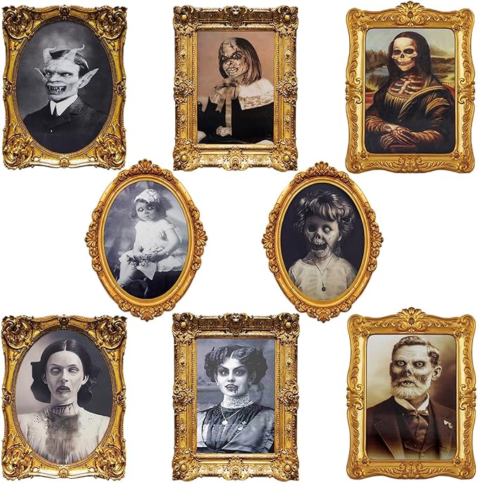 ECGER Halloween Decorations Indoor, Haunted Scary Decor - 3D Changing Face Pictures, Vintage Moving Wall Portraits Frame, For Horror Spooky Party Mansion Castle House Home Decoration(8 Pieces)