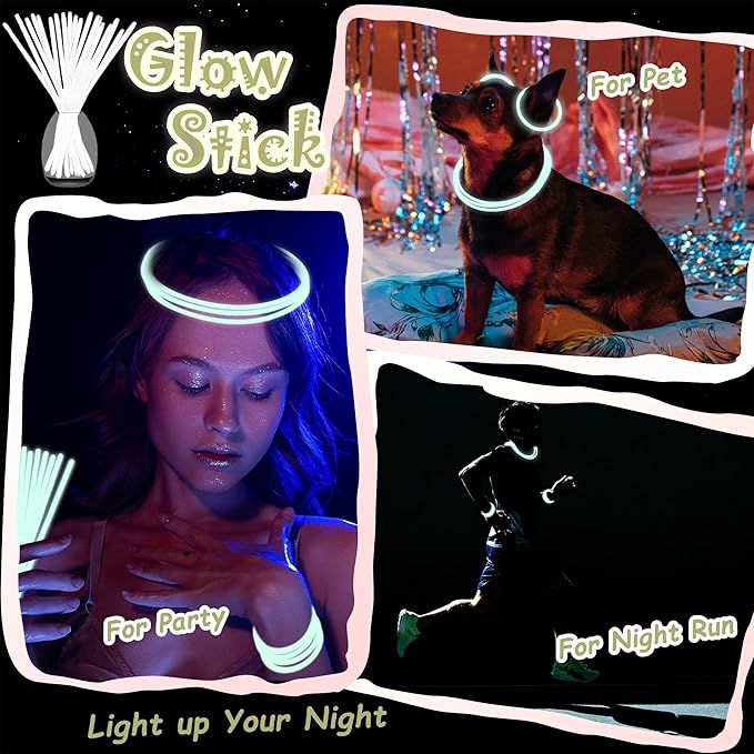 100 pk 8" White Glow Sticks Bulk Party Favors, Light up Glow Necklaces & Bracelets in the Dark Party Supplies For Christmas Halloween 4th of July Birthday Neon Party (100 * White)