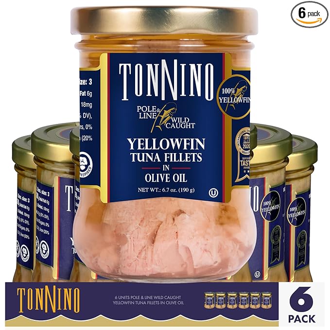 Tonnino Tuna Fish Yellowfin Pole&Line ??Olive Oil ??Pack of 6 ??Alternative to Salmon ??Protein Snacks ??Ready to Eat Meals in Jar