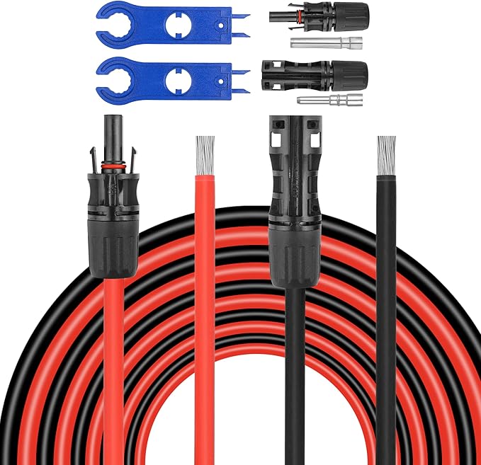50 FEET 8AWG Solar Panel Extension Cable,8 Gauge Extension Cord, Solar Panel Wire with Extra Fair of Female and Male Quick Connectors Solar Adapter for RV, Off-Grid Systems (50FT Red + 50FT Black)