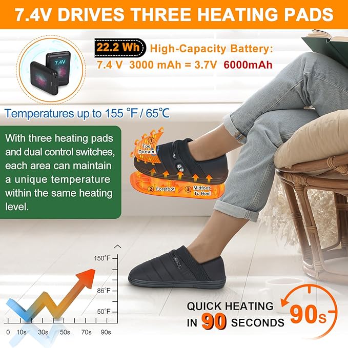 Heated Slippers, BIAL 7.4V Unisex Heat Foot Warmers Electric Heating Pad Foot Heater, Rechargeable Battery Shoes