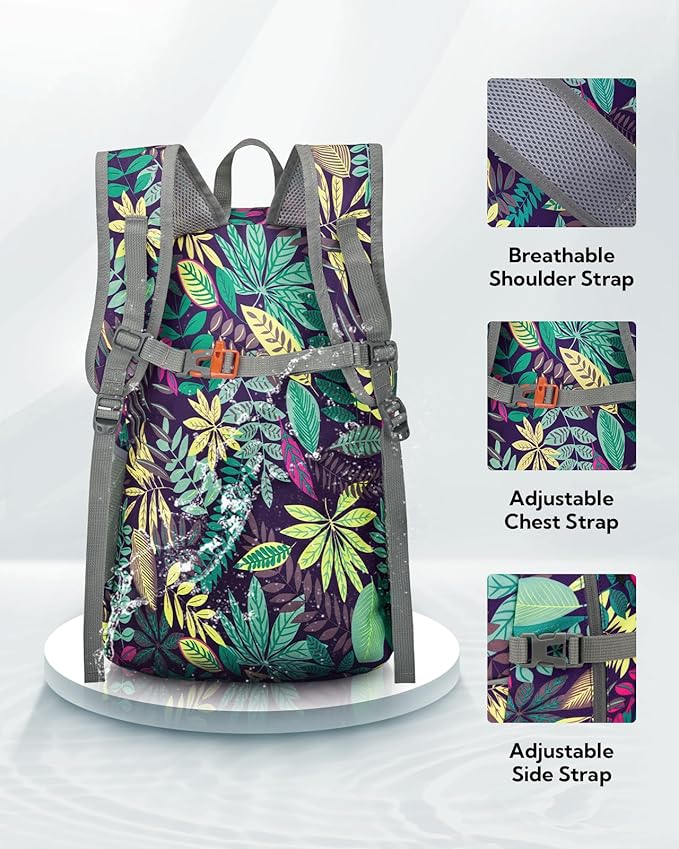 WATERFLY Hiking Foldable Daypack Backpack: 25L Ultra Lightweight Waterproof Day Pack for Woman Man - Small Compact Packable Folding Back Pack for Outdoor Sport Cycling Biking Travel Trip - Print