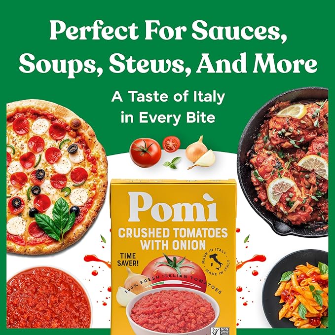 Pomì Crushed Tomatoes with Onion 13.8oz (Pack of 12) - Creamy, Velvety Italian Tomato Sauce No Salt Added, No Additives or Preservatives - BPA free Tomato Crushed - Made from 100% Fresh Italian Tomatoes
