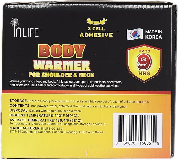 InLife Super Warmer with Adhesive Backing for Shoulder & Body, All Natural & Safe, Wider Area Covered, Higher Heating 145°F, Air Activated, Easy & Comfort, Steady Longer Lasting, Odorless, 20 Packs