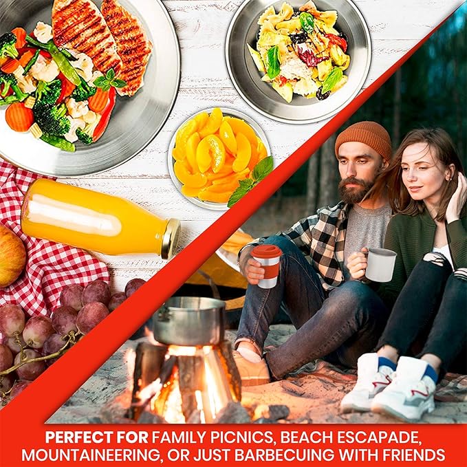 10-Piece Camping Dish Set - Stainless Steel Camp Mess Kit with Mesh Bag for Camping, Backpacking, Hiking - Complete Camping Dinnerware Set with Cup, Plate, Bowl, and Cutlery (with Zipper Cutlery Bag)