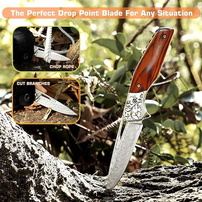 Damascus Pocket Knife For Men,EDC Red Sandalwood Handle Small Folding Knife For Hunting Camping Outdoor Hiking With Sheath