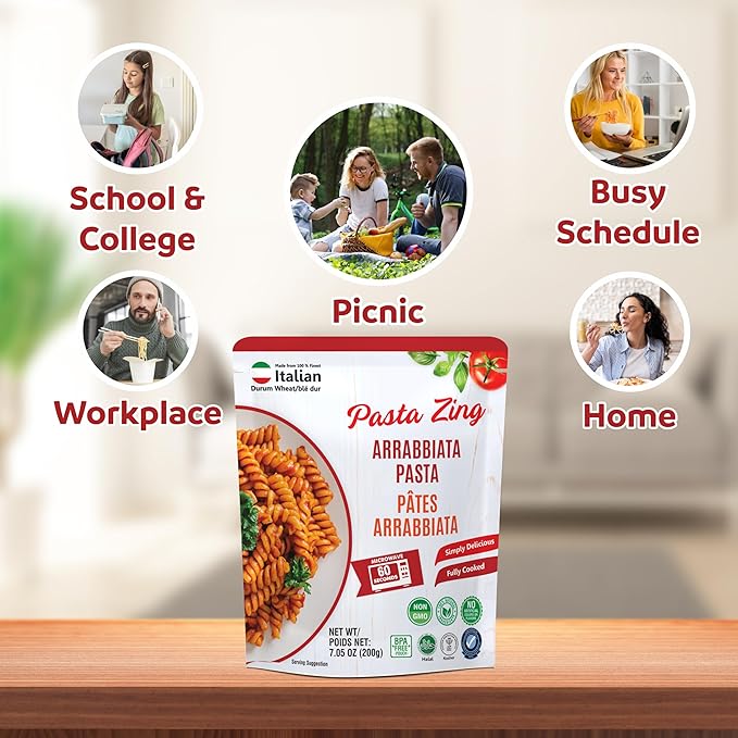 Pasta Zing Microwavable Arrabbiata Pasta, Pack of 7, 7.05 Ounce | Ready To Eat in 60 Sec | Made with 100% Italian Durum Wheat | Natural Ingredients | Spicy & Flavorful | Easy Meal & Side Dish