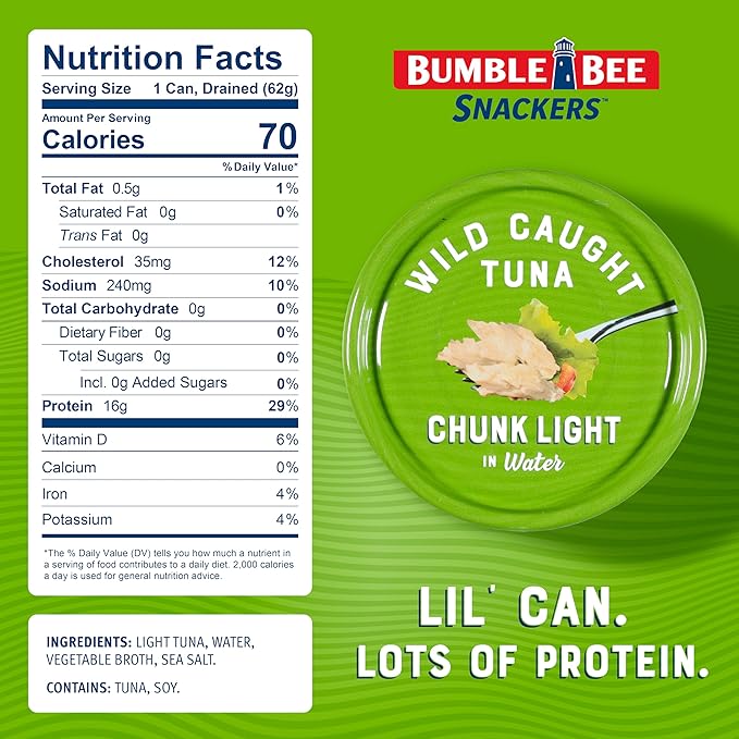 Bumble Bee Snackers - Chunk Light Tuna, 3 oz Easy Open Can - 16g Protein per Serving - Wild Caught Skipjack Chunk Light Tuna Pack - Ready to Eat
