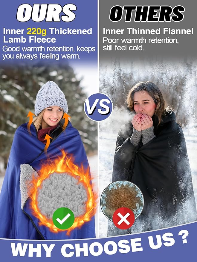 Waterproof Outdoor Stadium Blanket with Sherpa Lining-Washable Windproof Warm Foldable for Camping, Sporting Events, Picnic, Concerts, Pet, Travel, Emergency Car Blanket, Gift for Cold Weather (Blue)