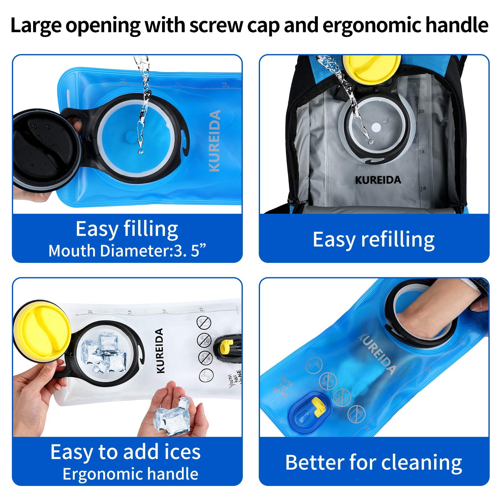 KUREIDA Hydration Bladder 2 Liter, BPA Free Water Bladder for Hiking Backpack Water Storage Bag