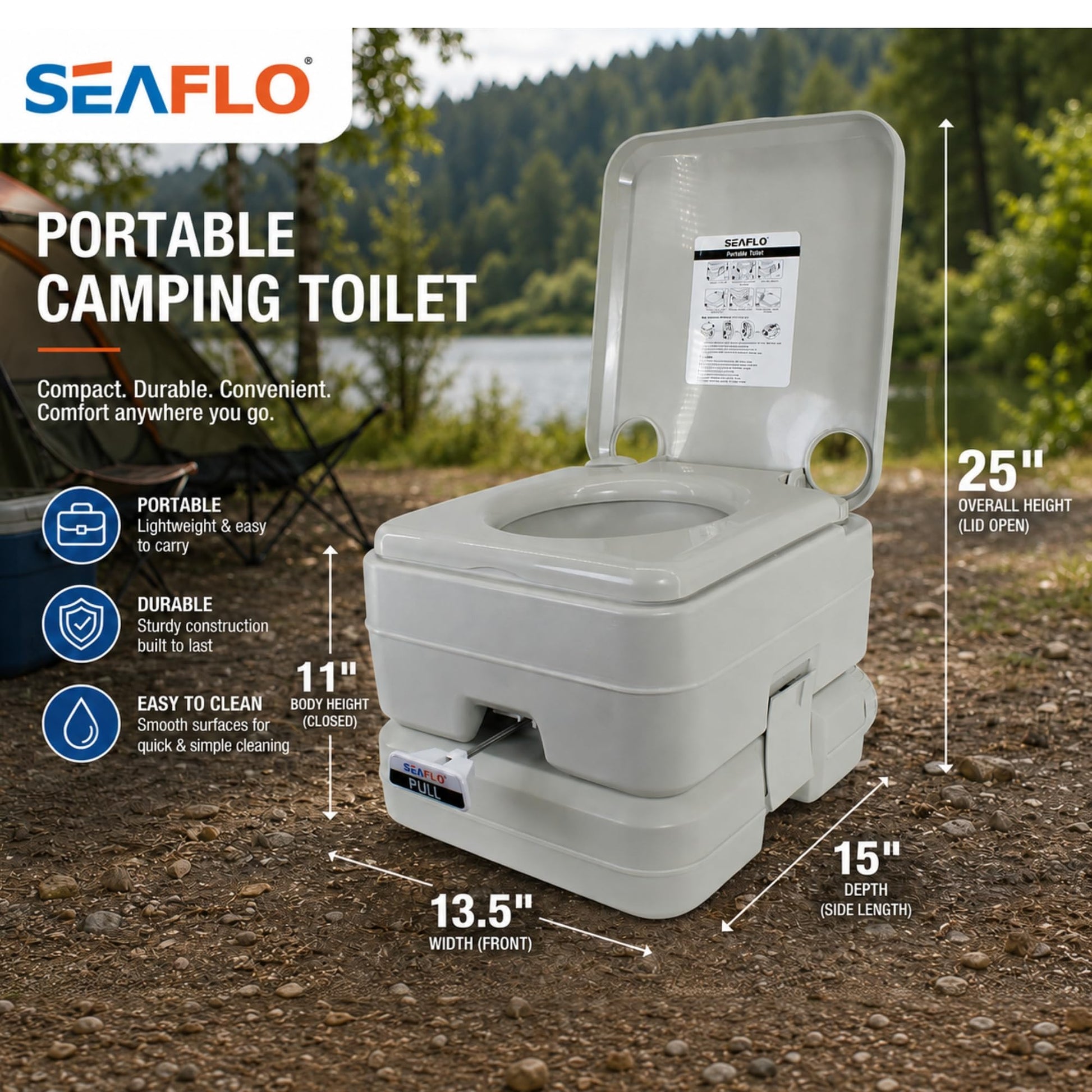 SEAFLO Camping Portable Toilet - 2.6 Gallon Waste 3.43 Gall Fresh Tank (100 Flushes), 440 lbs Max