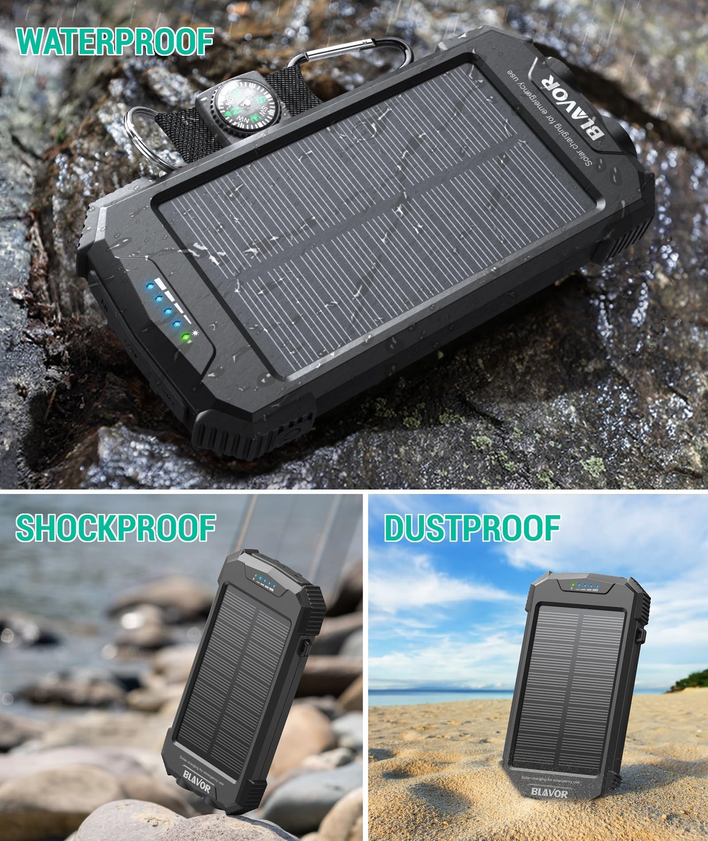 BLAVOR Solar Power Bank 10,000mAh, Portable Wireless Charger, 20W Fast Charging External Battery