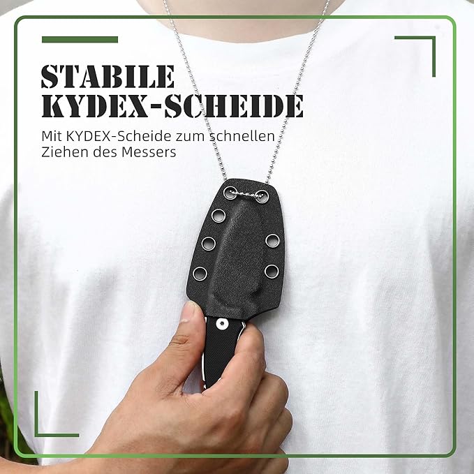 Omesio Neck Knife, 5.43" Neck Knife with Sheath and Necklace, Full Tang Small Mini Fixed Blad Knife with Clip D2 Steel 2.17-Inch Blade G10 Handle for Camping, Tactical (Black Handle + Black Blade)