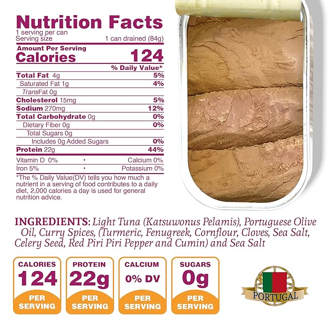 Santo Amaro - Artisanal Wild Tuna Fillets in Olive Oil & Turmeric Curry, Pole and Line Caught from Portugal, Hand-Packed Goa-Style Natural Canned Tuna, 22g Protein, Keto, 124 Cal, Low Mercury, Pack of 3