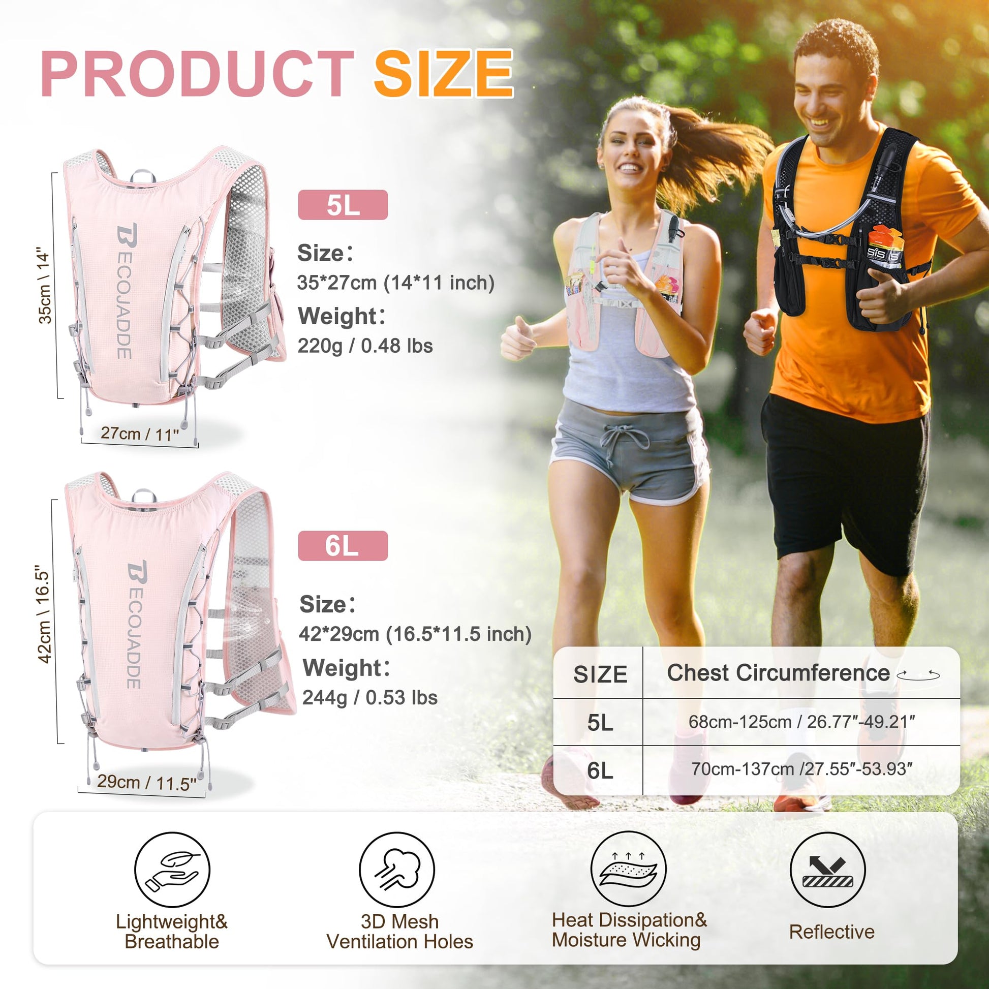 BECOJADDE Running Vest for Women Men, 5L Lightweight Hydration Backpack Running Pack for Marathon