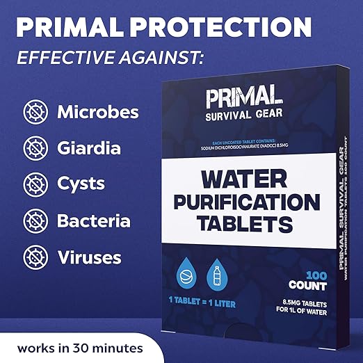 Water Purifier Tablets ?“Water Purification Tablets for Emergency Water - Hiking, Camping, Survival, Emergency ??Drinking Water Filtration System Survival Tabs - Purificador De Agua - 1L - 100 Tablets