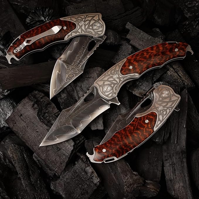 handmade damascus steel pocket folding knife, Snakewood handle with pocket clip and leather case, camping, climbing, fishing, EDC pocket knife