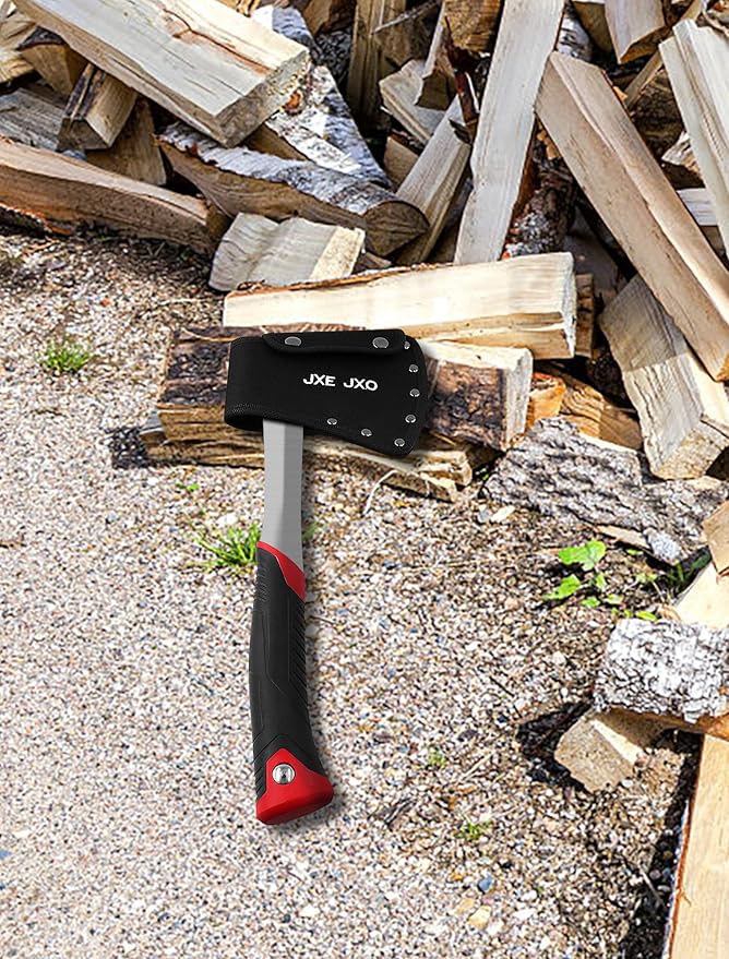 JXE JXO 14.4" Camping Hatchet with Full Tang Forged Construction & Ergonomic Shock Absorbing Grip, Hatchet Axe with Nylon Sheath (Red