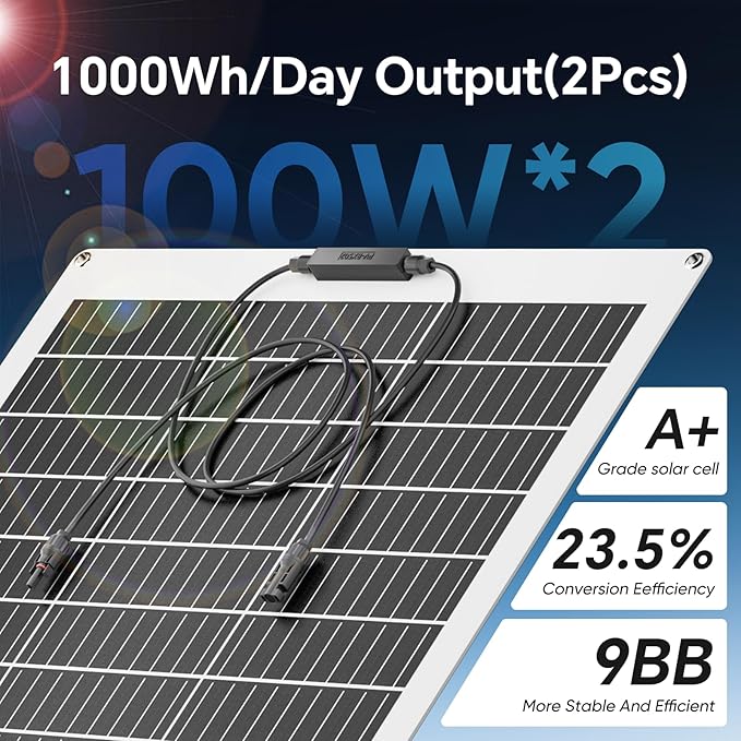 200W Flexible Solar Panel, (2 PCS 100W) 12/24V Monocrystalline Lightweight Bendable Mountable Waterproof for RV Roofs Boats Camper Cabin Trailer Caravan Battery Charge Uneven Surfaces