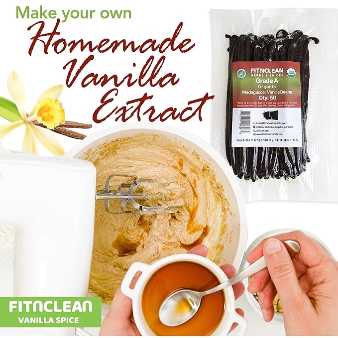 50 Organic Grade A Madagascar Vanilla Beans. Certified USDA Organic for Extract and All Things Vanilla by FITNCLEAN VANILLA. Bulk Fresh NON-GMO Pods.