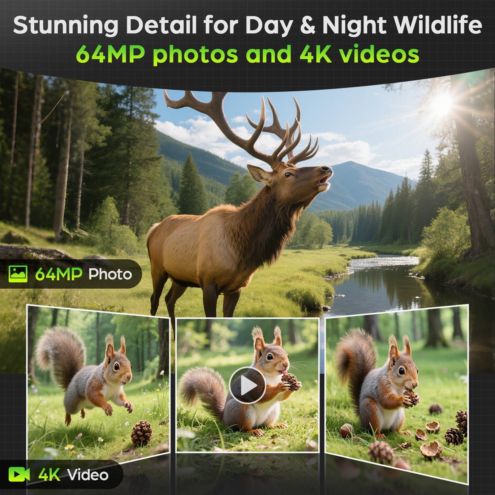4K 64MP Solar Trail Camera WiFi, 32GB SD Card,Night Vision Motion Activated