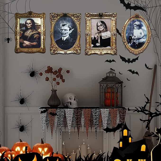 ECGER Halloween Decorations Indoor, Haunted Scary Decor - 3D Changing Face Pictures, Vintage Moving Wall Portraits Frame, For Horror Spooky Party Mansion Castle House Home Decoration(8 Pieces)