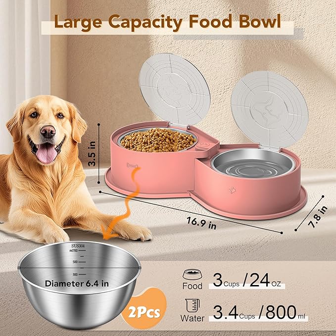 Stainless Steel Dog Bowl Set with Lids, 304 Metal Dual Food & Water Bowls for Dogs & Cats, Large Capacity Pet Feeder with Cover Keeps Food Fresh, Anti-Skid Dog Dish for Small/Medium/Large Pets