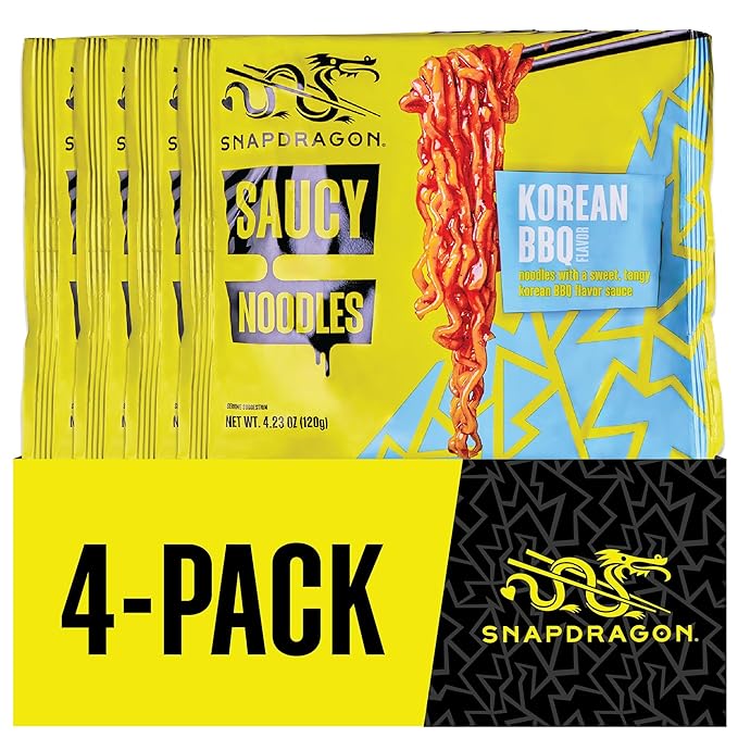 Snapdragon Saucy Instant Noodles with Korean BBQ Slurpable Sauce - Quick Meal, Snack, and Lunch. 4-Pack Microwave Noodles for Cup, Bowl, Ramen or Asian Stir Fry