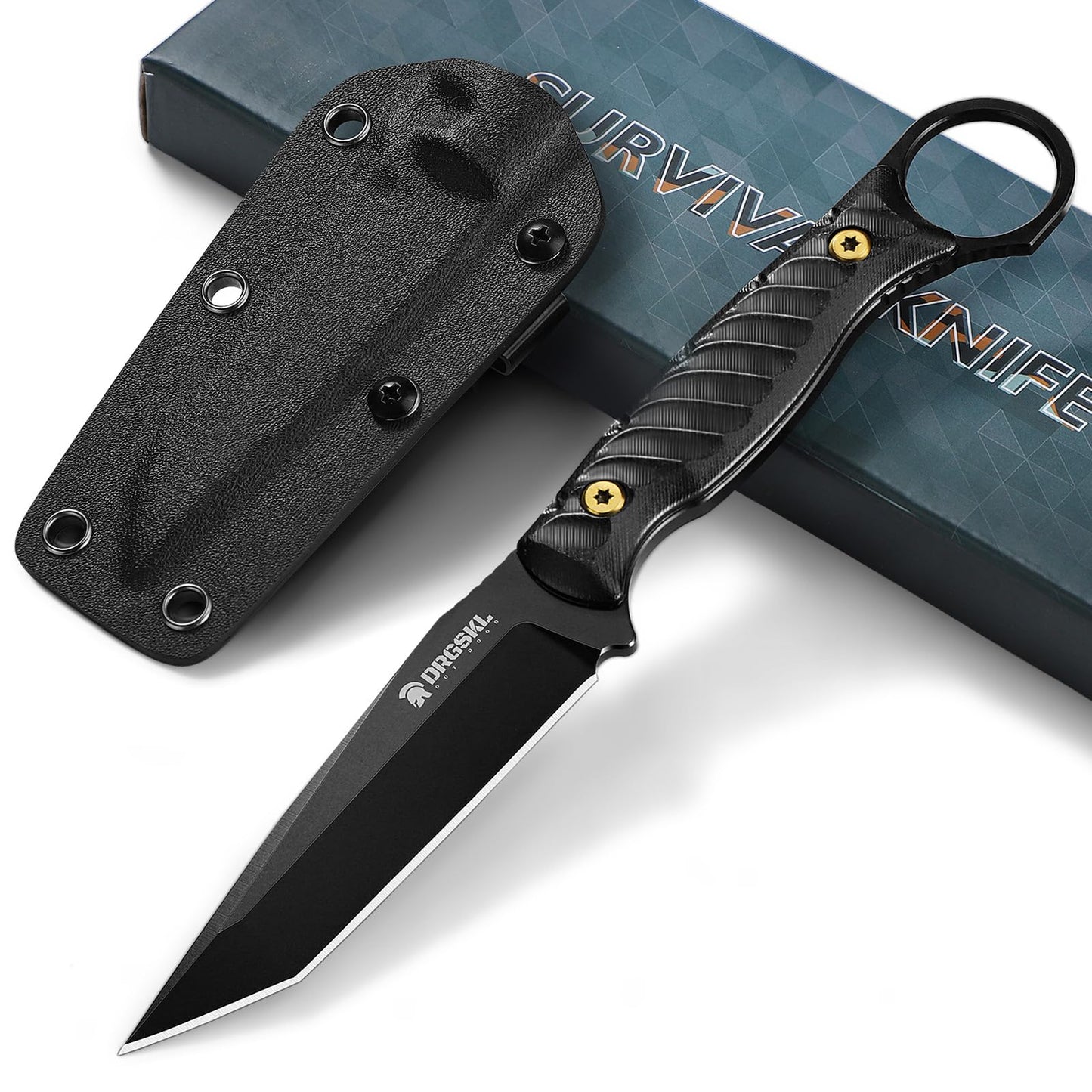 DRGSKL Tanto Fixed Blade Knife - Camping Knife with Sheath - Black