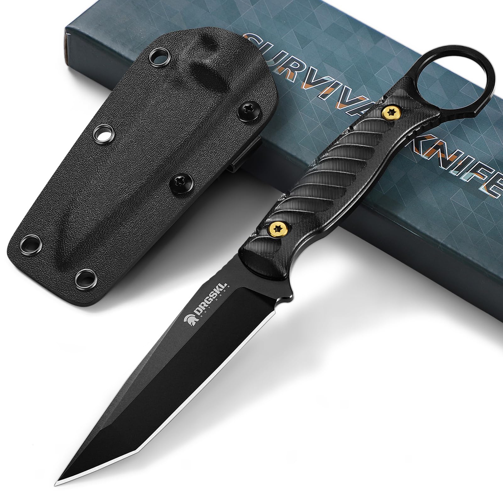 DRGSKL Tanto Fixed Blade Knife - Camping Knife with Sheath - Black