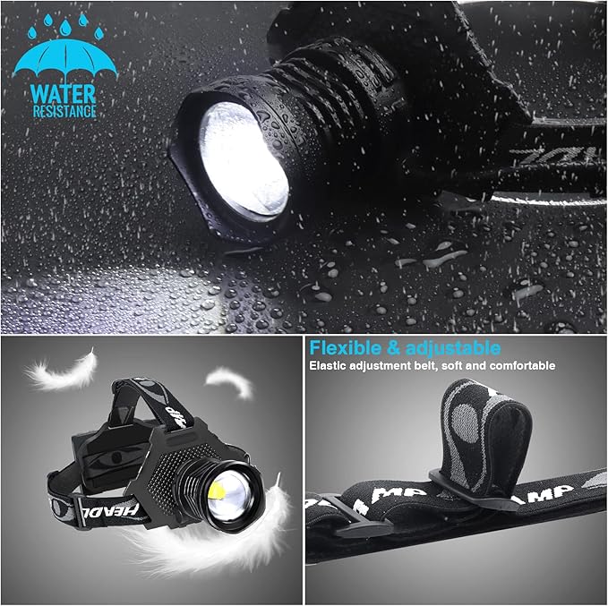 Bud K LED Headlamp USB Rechargeable, Head Lamp XHP70 Super Bright 1080 Lumen with 5 Modes, Batteries Included, Zoomable, Waterproof Headlight for Camping Hunting Running Fishing Biking