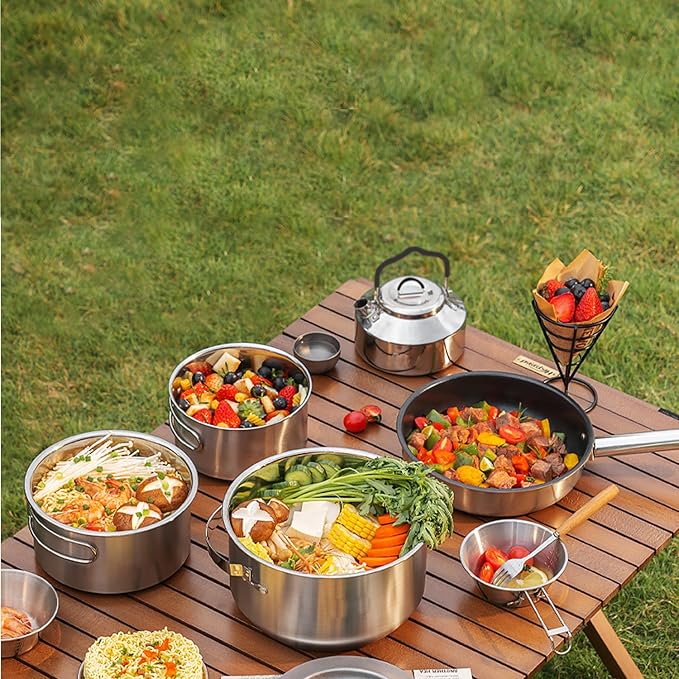 Jorunhe 7PCS Camping Cooking Set,Camping Cookware Mess Kit,304 Stainless Steel Camping Cookware with Travel Tote Bag for Camping Outdoor Cooking & Picnic,RVs