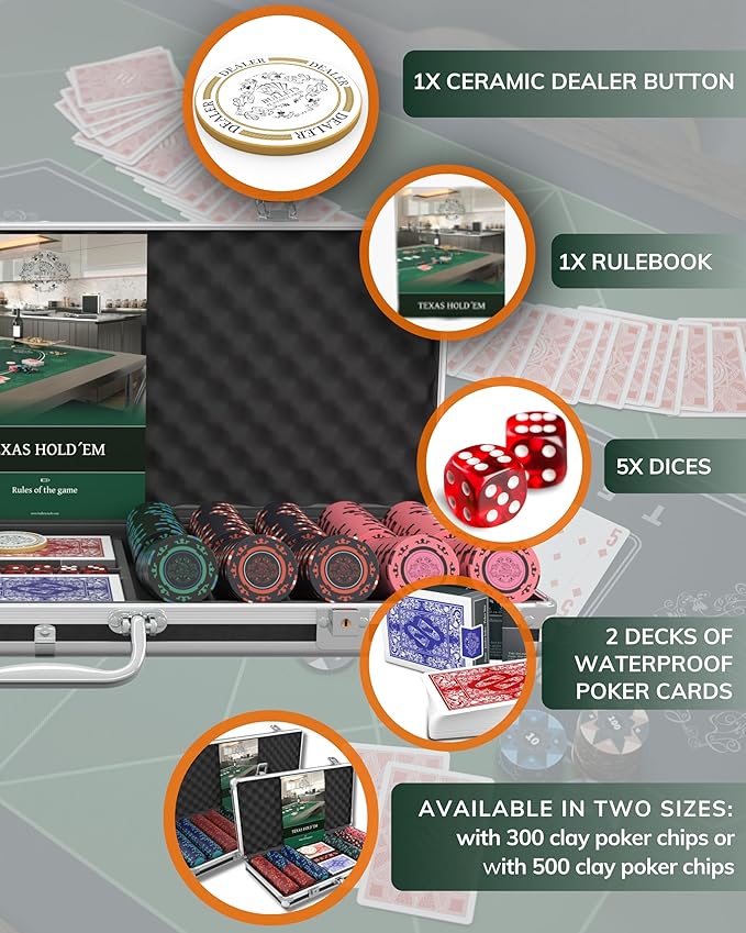 Bullets Poker Set ??Complete Chip Set with Case, Playing Cards, Dices, and Travel Case ??Professional for Texas Hold'em, Blackjack, Poker Games, and Casino Chips, 500 Clay 'Corrado' Chips.
