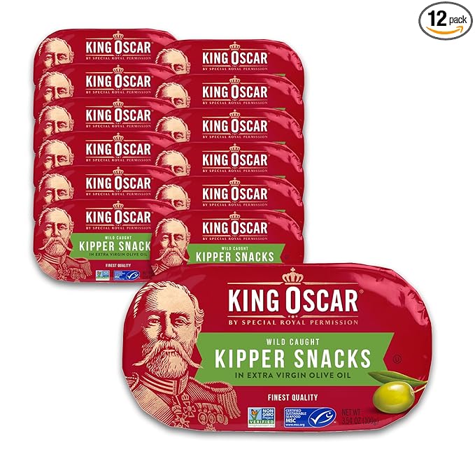King Oscar Kipper Snacks in Extra Virgin Olive Oil, 3.54 Ounce Cans (Pack of 12), Lightly Smoked Herring Fillets, Wild Caught Canned Herring