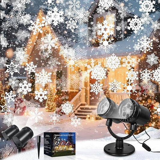 Snowflake Projector Christmas Lights Outdoor, Timer Double Head Projector Snowflake Light Waterproof, LED Rotating Snowfall Lamp for Holiday Party Yard Garden Indoor Christmas Decoration