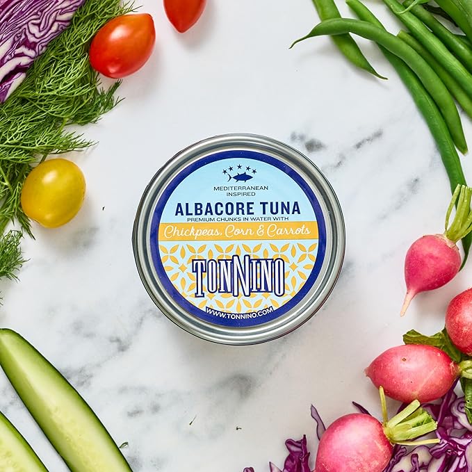 Tonnino Tuna Fish Albacore - Premium chunk in water with Chickpeas, Corn & Carrots - Pack of 12 ??Alternative to Salmon ??Protein Snacks ??Ready to Eat Meals in Can