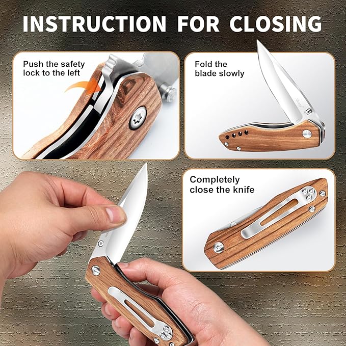 Vickay Folding Pocket Knife with Clip, 2.95" 8Cr13MoV Steel Blade, Wood Handle EDC Knife for Men & Women, Liner Lock Knife for Camping, Hunting, Tactical, Survival Father?˜s Day Gift