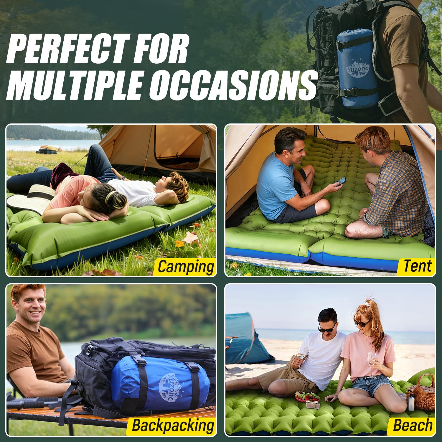 Yuzonc Double Sleeping Pad - Self Inflating 4" Extra-Thick for 2 Person with Pillow Built-in Foot